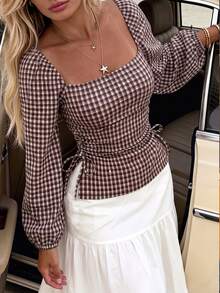 SHEIN French Retro Cottagecore Gingham Square Neck Long Sleeve TShirt - Ins Blogger Favorite Autumn American Retro B Brunch Brown Plaid - Brown - View 6