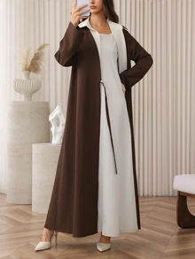 Al Najma 女式复古卡其色二合一衬衫领风衣，长款系带腰部修身及膝外套 - 棕色 - 查看 7