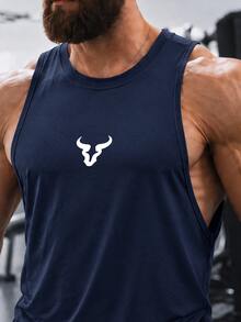 GymBeat Men's Deep Side Split Fitness Tank Top, Bull Head Print Sleeveless Sports Shirt - Navy Blue - View 5
