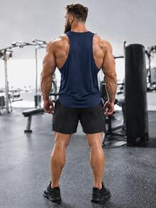 GymBeat Men's Deep Side Split Fitness Tank Top, Bull Head Print Sleeveless Sports Shirt - Navy Blue - View 2