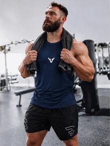 GymBeat Men's Deep Side Split Fitness Tank Top, Bull Head Print Sleeveless Sports Shirt - Navy Blue - View 7