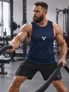 GymBeat Men's Deep Side Split Fitness Tank Top, Bull Head Print Sleeveless Sports Shirt - Navy Blue - View 4