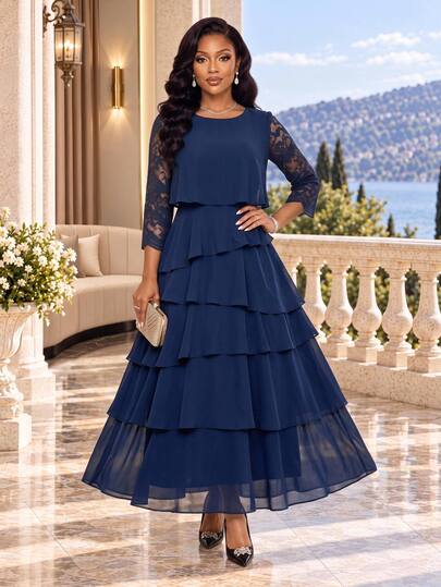 Fleurora Women's Round Neck Contrast Lace 3/4 Sleeve Tiered Hem Elegant Long Dress Ruffle Dress Party Dresses Elegant Dresses For Women