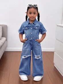 SHEIN Young Girl Blue Denim Ripped Shirt-Style One-Piece Trousers, A Cool Street Look - Medium Wash - View 1