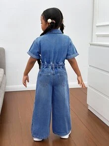 SHEIN Young Girl Blue Denim Ripped Shirt-Style One-Piece Trousers, A Cool Street Look - Medium Wash - View 2