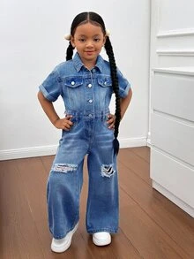 SHEIN Young Girl Blue Denim Ripped Shirt-Style One-Piece Trousers, A Cool Street Look - Medium Wash - View 3