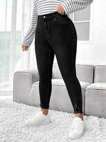 SHEIN CURVE+ Plus Size Zipper Button Pocket Solid Color Denim Jeans - Black - View 5