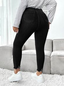 SHEIN CURVE+ Plus Size Zipper Button Pocket Solid Color Denim Jeans - Black - View 2