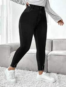 SHEIN CURVE+ Plus Size Zipper Button Pocket Solid Color Denim Jeans - Black - View 7
