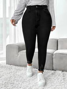 SHEIN CURVE+ Plus Size Zipper Button Pocket Solid Color Denim Jeans - Black - View 6