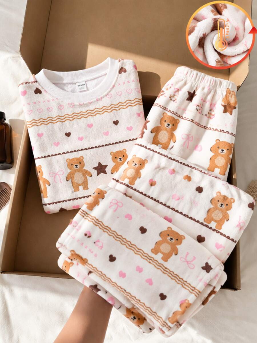 Tween Girl Tween Girl Fitted Long Sleeve & Long Pants Fleece Set, Autumn/Winter New Arrival, Cute Innocent Star, Bow, Wave Print Fabric, Comfortable, Popular And Desired By Girls - Apricot - View 1