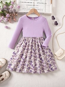 SHEIN 女童花卉印花拼接休閒日常夏季洋裝 - 淡紫色 - 查看 3