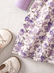 SHEIN 女童花卉印花拼接休閒日常夏季洋裝 - 淡紫色 - 查看 6