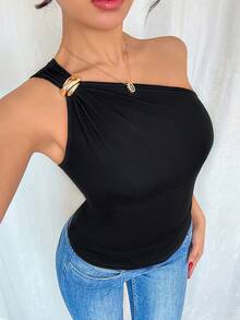 SHEIN Women's Black Sexy Metallic Pleated Sleeveless Top - Black - View 6