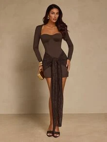 SHEIN Glamour Deep -Style Bustier Long Sleeve Bodycon Mini Dress For Women, Lace Knot Ribbon Sexy Fitted Short Dress, Night Out, Dark Brown Fall - Coffee Brown - View 4