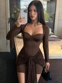 SHEIN Glamour Deep -Style Bustier Long Sleeve Bodycon Mini Dress For Women, Lace Knot Ribbon Sexy Fitted Short Dress, Night Out, Dark Brown Fall - Coffee Brown - View 6