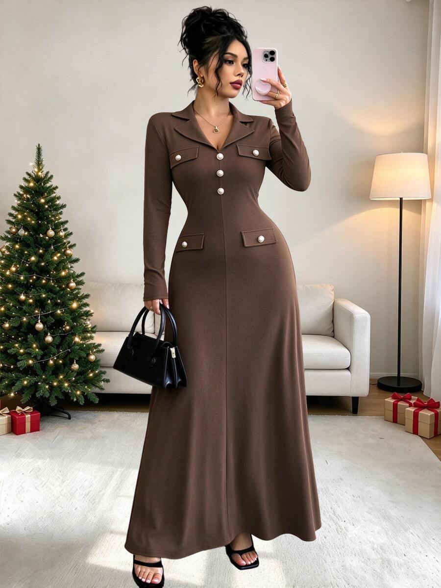 Elenzga Coffee Brown Fall Winter Women Elegant Knitted Ribbed Long ...