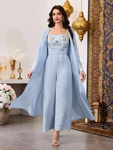 Al Najma Light Blue Sequin Patchwork Arabic Jumpsuit Set With Jacket, Traditional Robe Pant Suits For Wedding - Blue - View 4