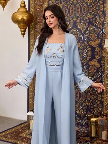 Al Najma Light Blue Sequin Patchwork Arabic Jumpsuit Set With Jacket, Traditional Robe Pant Suits For Wedding - Blue - View 8
