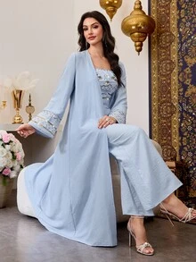 Al Najma Light Blue Sequin Patchwork Arabic Jumpsuit Set With Jacket, Traditional Robe Pant Suits For Wedding - Blue - View 5