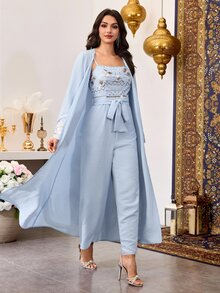 Al Najma Light Blue Sequin Patchwork Arabic Jumpsuit Set With Jacket, Traditional Robe Pant Suits For Wedding - Blue - View 7