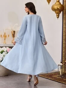 Al Najma Light Blue Sequin Patchwork Arabic Jumpsuit Set With Jacket, Traditional Robe Pant Suits For Wedding - Blue - View 3