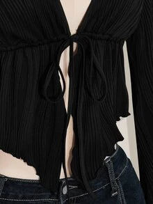 SHEIN ICON 女士大码秋冬保暖性感复古千禧风Y2K针织纹理面料前中蝴蝶结喇叭袖长袖不对称下摆黑色上衣 - 黑色 - 查看 8