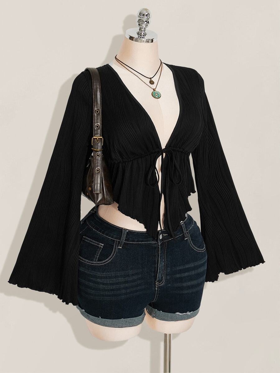 SHEIN ICON 女士大码秋冬保暖性感复古千禧风Y2K针织纹理面料前中蝴蝶结喇叭袖长袖不对称下摆黑色上衣 - 黑色 - 查看 1