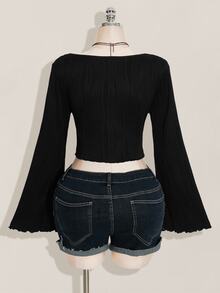SHEIN ICON 女士大码秋冬保暖性感复古千禧风Y2K针织纹理面料前中蝴蝶结喇叭袖长袖不对称下摆黑色上衣 - 黑色 - 查看 2