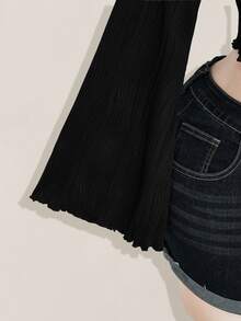 SHEIN ICON 女士大码秋冬保暖性感复古千禧风Y2K针织纹理面料前中蝴蝶结喇叭袖长袖不对称下摆黑色上衣 - 黑色 - 查看 7