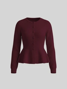 Balvessa Women's Round Neck Textured Knit Cinched Waist Ruffle Hem Single-Breasted Long Sleeve Slim Fit Cardigan - Burgundy - View 4