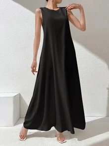 Mulvari 女款純色圓領無袖寬鬆休閒阿拉伯風連身裙，Abaya內搭裙 - 黑色 - 查看 3