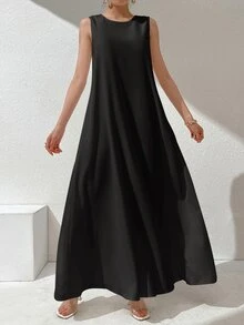 Mulvari 女款純色圓領無袖寬鬆休閒阿拉伯風連身裙，Abaya內搭裙 - 黑色 - 查看 10