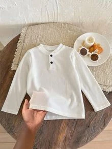 SHEIN 1件兒童小男孩純色百搭半拉鍊 Polo 領紋理布料長袖 T 恤，柔軟舒適，適合日常穿著、上學、旅行、運動、街頭風，四季皆宜 - 白色 - 查看 3