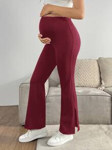 GentleRue Maternity Maternity Solid Color Adjustable Waist Casual Flare Pants House Burgundy Spring Photoshoot - Burgundy - View 2
