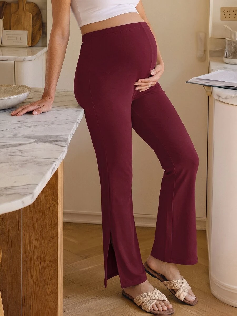 GentleRue Maternity Maternity Solid Color Adjustable Waist Casual Flare Pants House Burgundy Spring Photoshoot - Burgundy - View 1