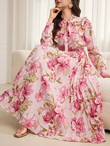 Modelyn 荷叶边系带领褶饰拼布花卉印花连衣裙 - 粉色 - 查看 5