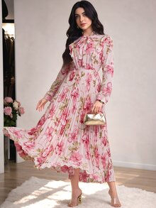 Modelyn 荷叶边系带领褶饰拼布花卉印花连衣裙 - 粉色 - 查看 2