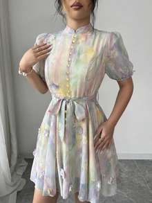 Modelyn 女士扎染3D立体花卉系腰短袖浪漫度假风短裙 - 彩色 - 查看 7