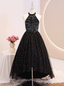 SHEIN Teen Girl Solid Color Sequin Decor Cinched Cinched Waist Mesh Patchwork Halter Neck Dress Christmas Prom Black Fall Elegant Cute Katseye - Black - View 3