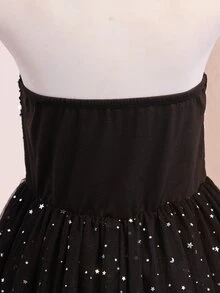 SHEIN Teen Girl Solid Color Sequin Decor Cinched Cinched Waist Mesh Patchwork Halter Neck Dress Christmas Prom Black Fall Elegant Cute Katseye - Black - View 6