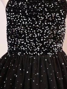 SHEIN Teen Girl Solid Color Sequin Decor Cinched Cinched Waist Mesh Patchwork Halter Neck Dress Christmas Prom Black Fall Elegant Cute Katseye - Black - View 8