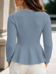 Balvessa Women's Round Neck Textured Knit Cinched Waist Ruffle Hem Single-Breasted Long Sleeve Slim Fit Cardigan - Dusty Blue - View 2