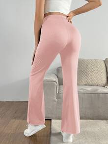 GentleRue Maternity Maternity Pink Solid Color Adjustable Waist Side Slit Casual Flare Pants, Summer Holiday For Women, Beach Vacation , Summer - Dusty Pink - View 3