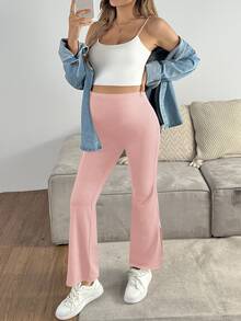 GentleRue Maternity Maternity Pink Solid Color Adjustable Waist Side Slit Casual Flare Pants, Summer Holiday For Women, Beach Vacation , Summer - Dusty Pink - View 7