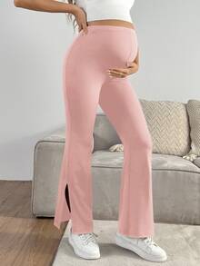GentleRue Maternity Maternity Pink Solid Color Adjustable Waist Side Slit Casual Flare Pants, Summer Holiday For Women, Beach Vacation , Summer - Dusty Pink - View 5