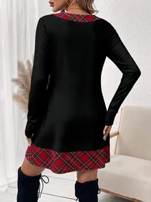 SHEIN VCAY 女款大尺碼紅色格紋拼接洋裝 短版長袖聖誕洋裝 優雅節日穿搭 有彈性 秋冬女裝 - 彩色 - 查看 2