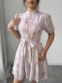 Modelyn Đầm ngắn tay ngắn thắt eo họa tiết hoa 3D nhuộm tie-dye lãng mạn, thanh lịch dành cho nữ, thích hợp cho kỳ nghỉ. - Nhiều màu - Xem 7
