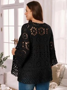 Rosumi Cardigan fino de punto calado con cordones para otoño, talla grande - Camel - Ver 4