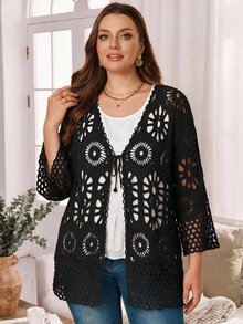 Rosumi Cardigan fino de punto calado con cordones para otoño, talla grande - Camel - Ver 2
